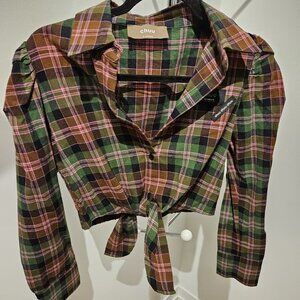 Korean Made Plaid Tie Front Crop Shirt